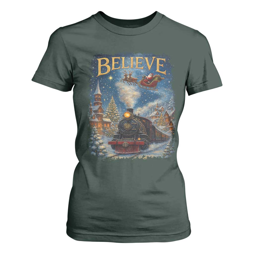 Polar Express T Shirt For Women Retro Vintage Christmas Believe TS10 Dark Forest Green Print Your Wear