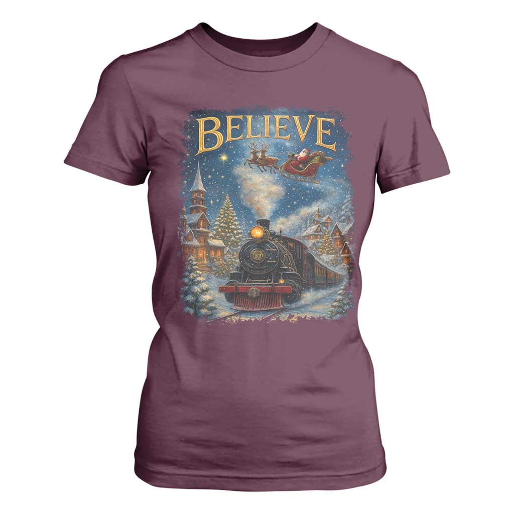Polar Express T Shirt For Women Retro Vintage Christmas Believe TS10 Maroon Print Your Wear