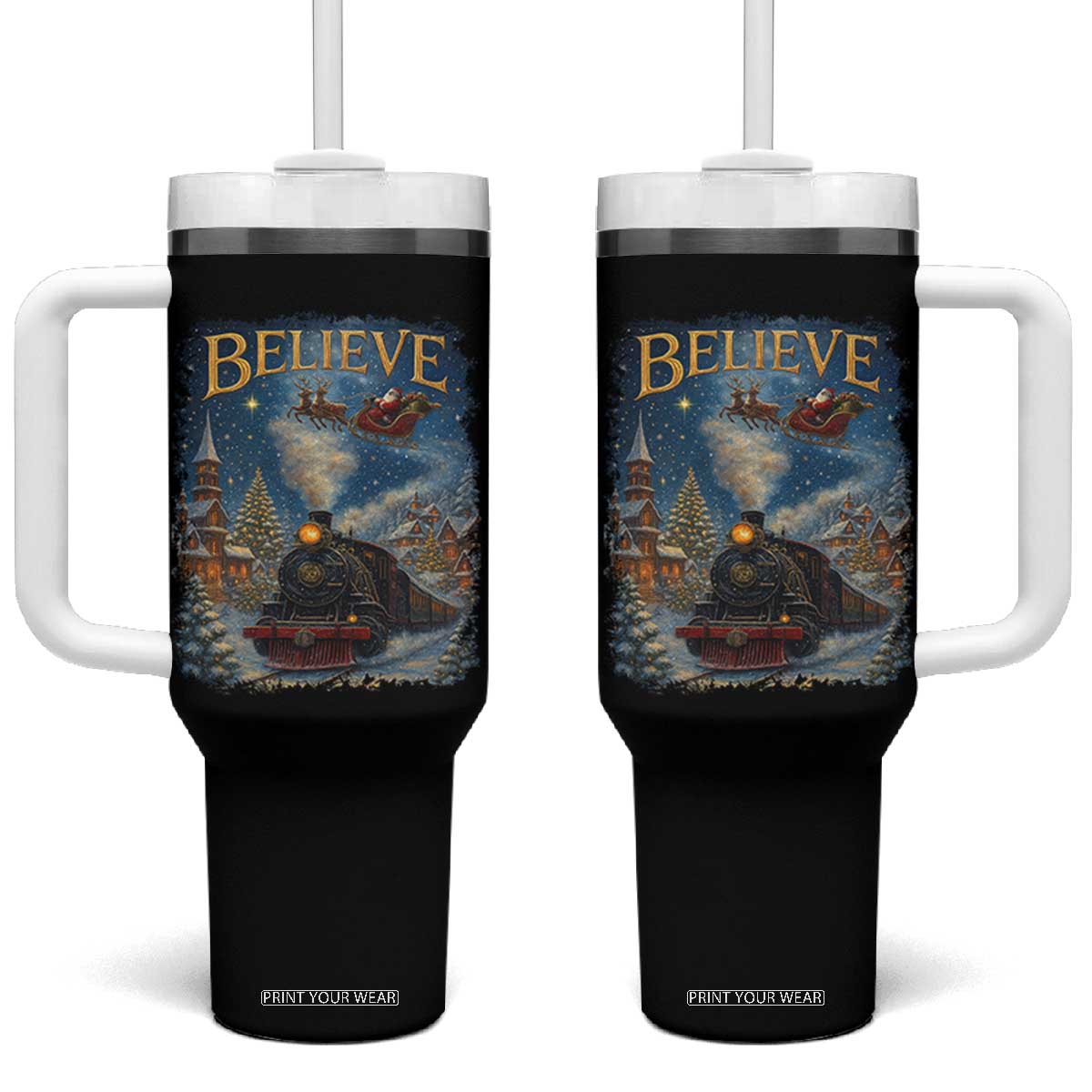Polar Express Tumbler With Handle Retro Vintage Christmas Believe TS10 One Size: 40 oz Black Print Your Wear