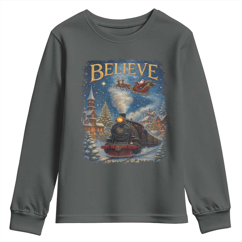 Polar Express Youth Sweatshirt Retro Vintage Christmas Believe TS10 Dark Heather Print Your Wear