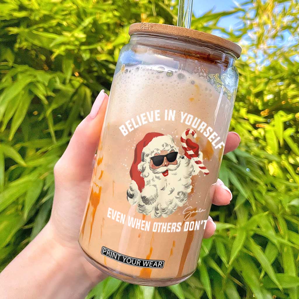Vintage Christmas Santa Claus Face Glass Can Retro Believe In Yourself Funny Motivational - Print Your Wear
