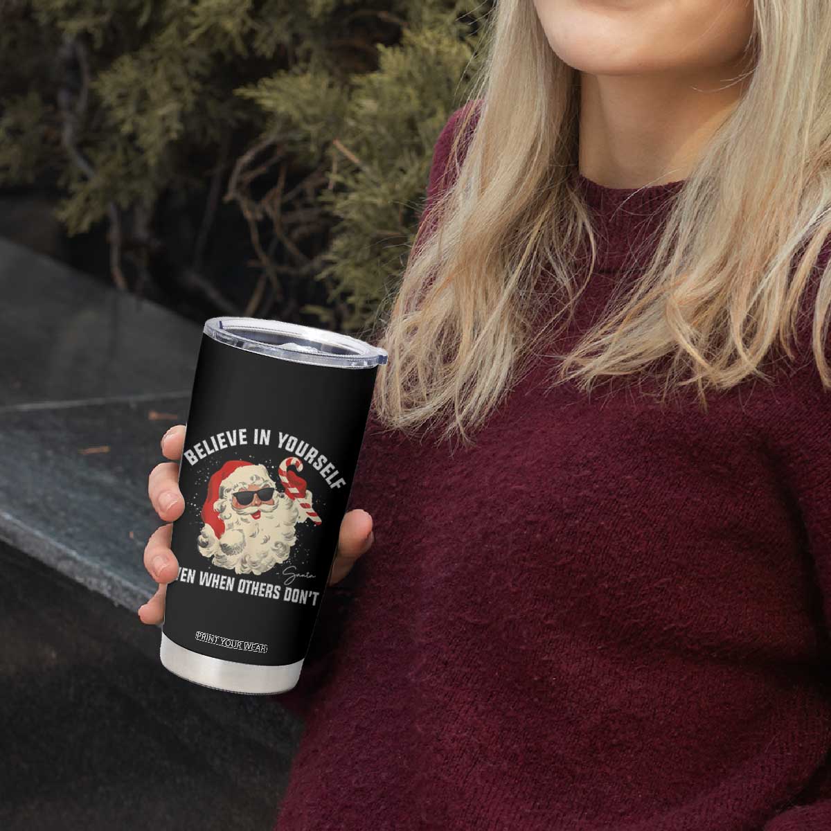Vintage Christmas Santa Claus Face Tumbler Cup Retro Believe In Yourself Funny Motivational - Print Your Wear