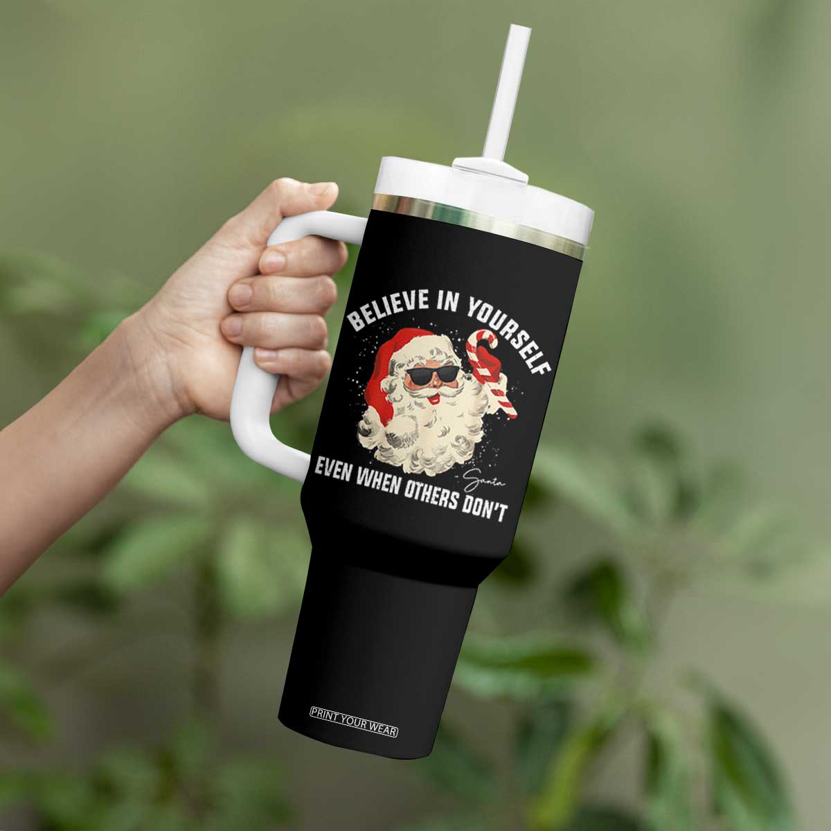 Vintage Christmas Santa Claus Face Tumbler With Handle Retro Believe In Yourself Funny Motivational - Print Your Wear