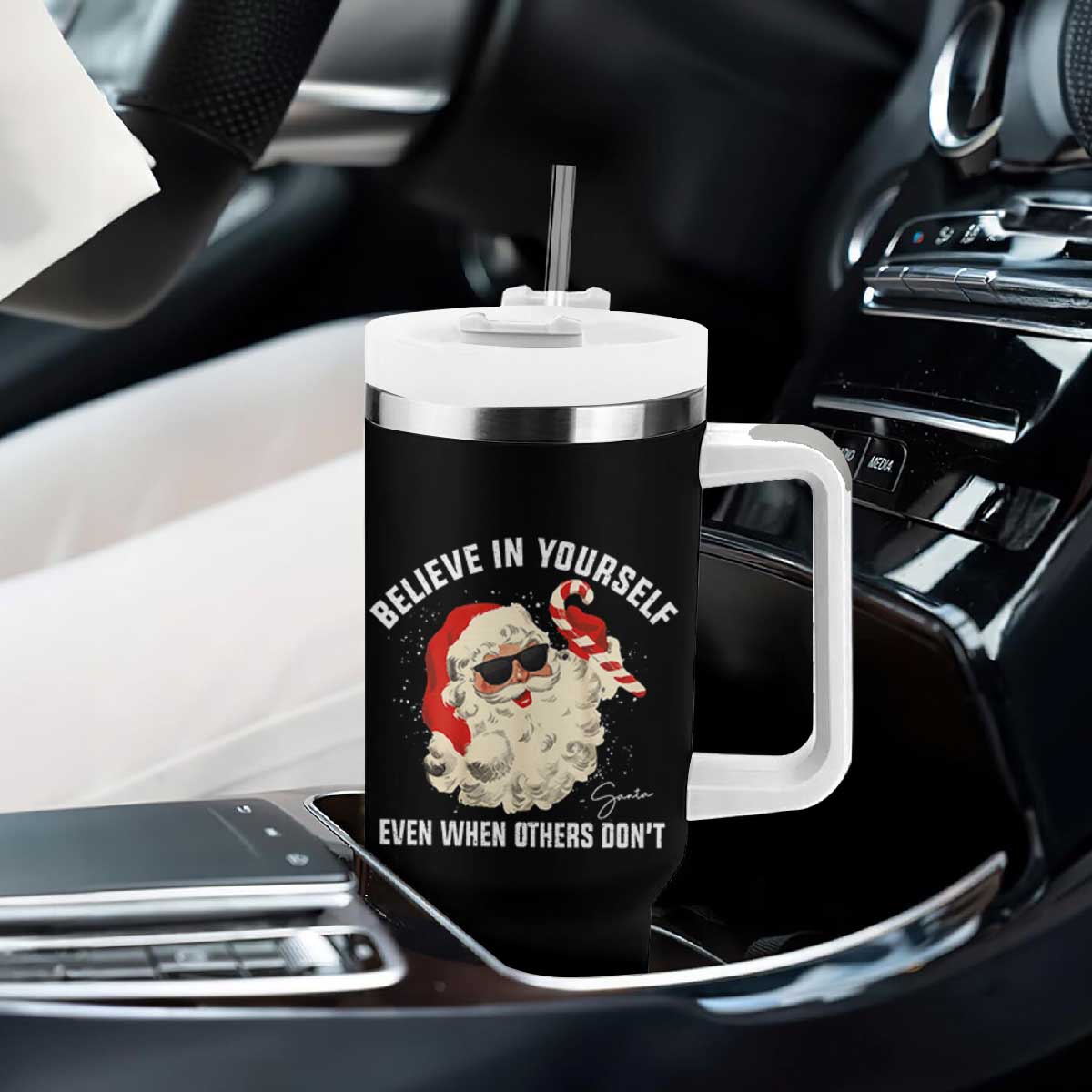 Vintage Christmas Santa Claus Face Tumbler With Handle Retro Believe In Yourself Funny Motivational - Print Your Wear