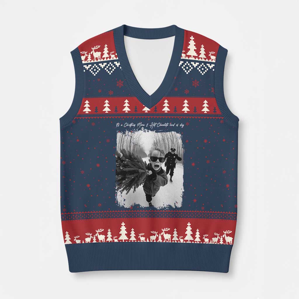 Funny Xmas Movie V-Neck Knit Sweater Vest Funny Kevin Home Xmas Meme Alone TS10 Navy Red Print Your Wear