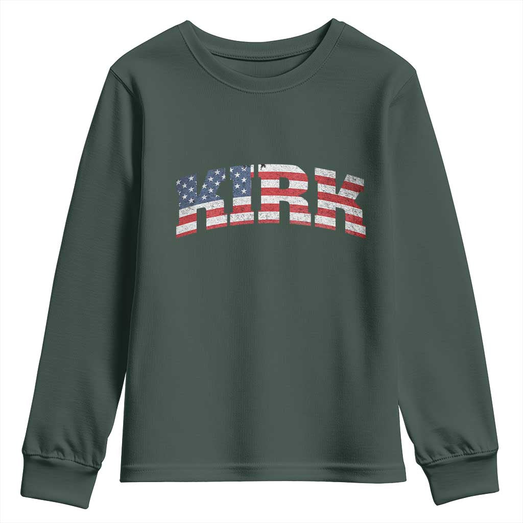 Kirk Youth Sweatshirt American Flag Charlie Kirk Last Name Surname Team TS10 Dark Forest Green Print Your Wear