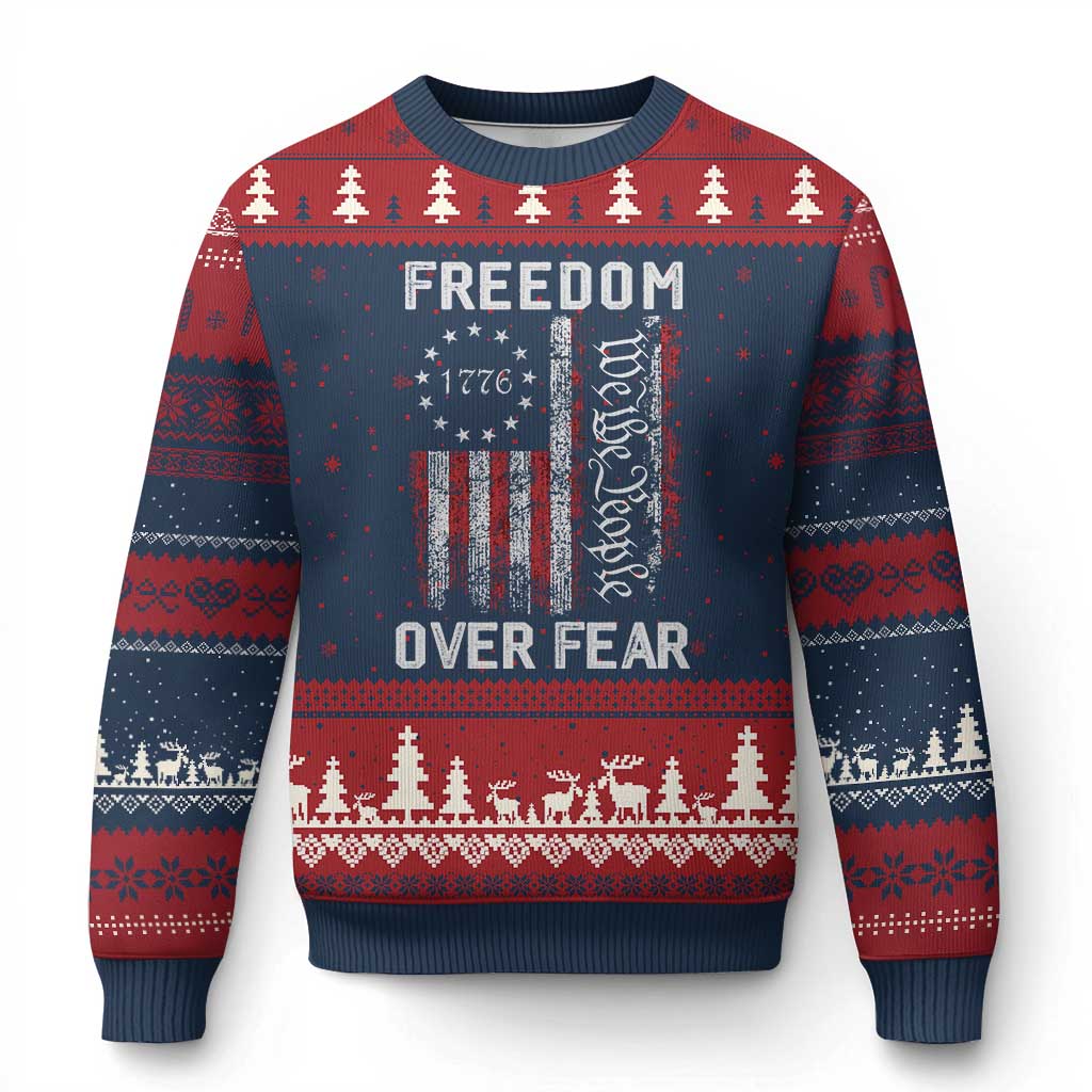 Freedom Over Fear Ugly Christmas Sweater Vintage US American Flag TS10 Navy Red Print Your Wear