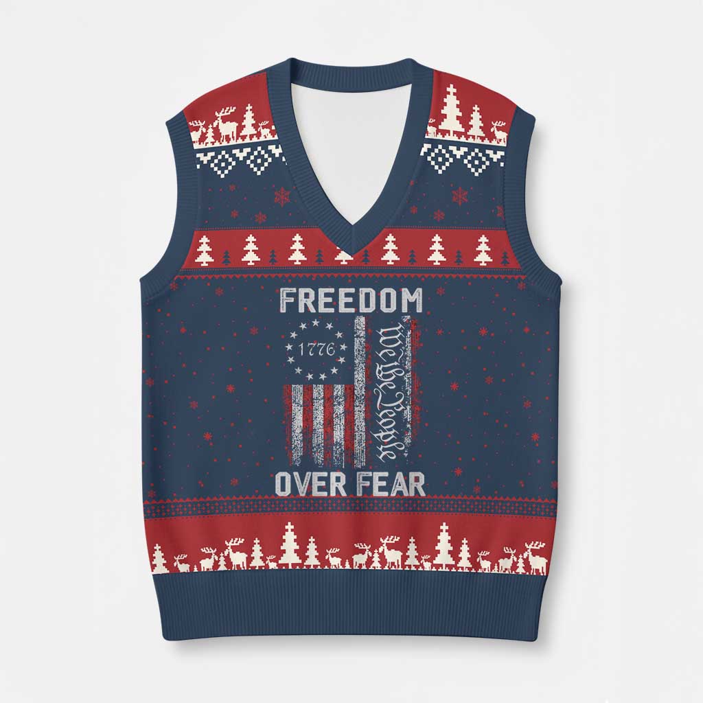 Freedom Over Fear V-Neck Knit Sweater Vest Vintage US American Flag TS10 Navy Red Print Your Wear