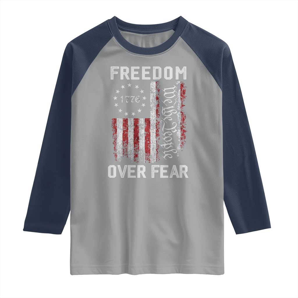 Freedom Over Fear Raglan Shirt Vintage US American Flag TS10 Sport Gray Navy Print Your Wear