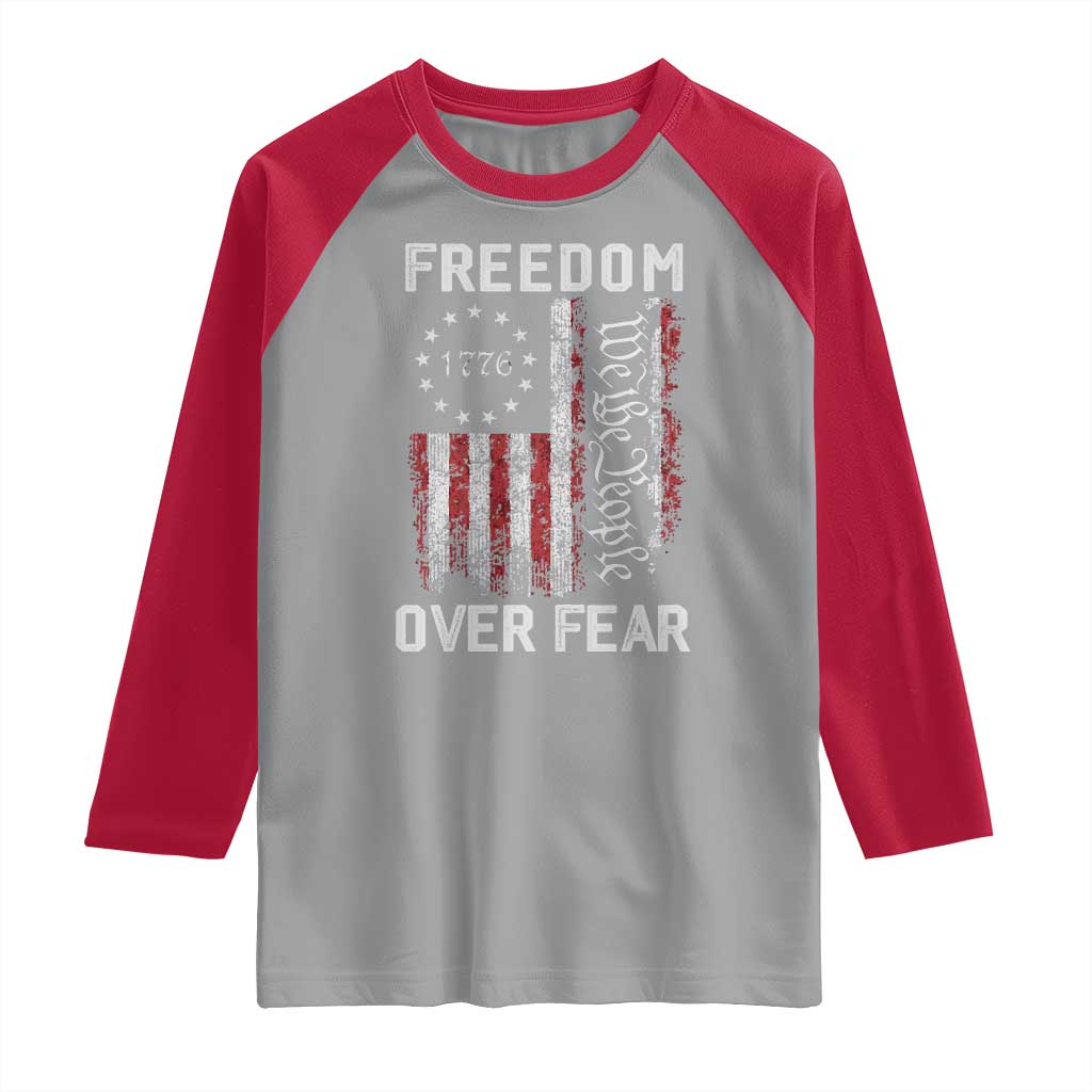 Freedom Over Fear Raglan Shirt Vintage US American Flag TS10 Sport Gray Red Print Your Wear