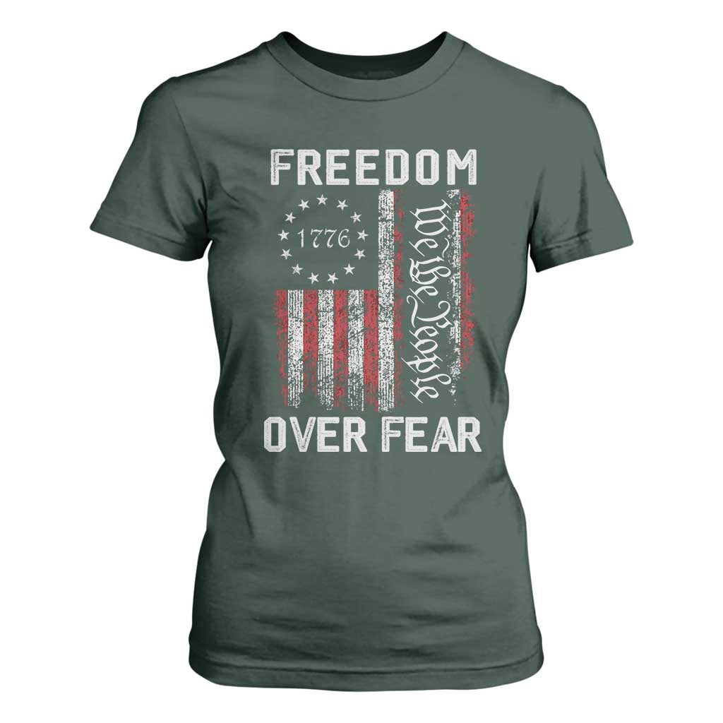 Freedom Over Fear T Shirt For Women Vintage US American Flag TS10 Dark Forest Green Print Your Wear