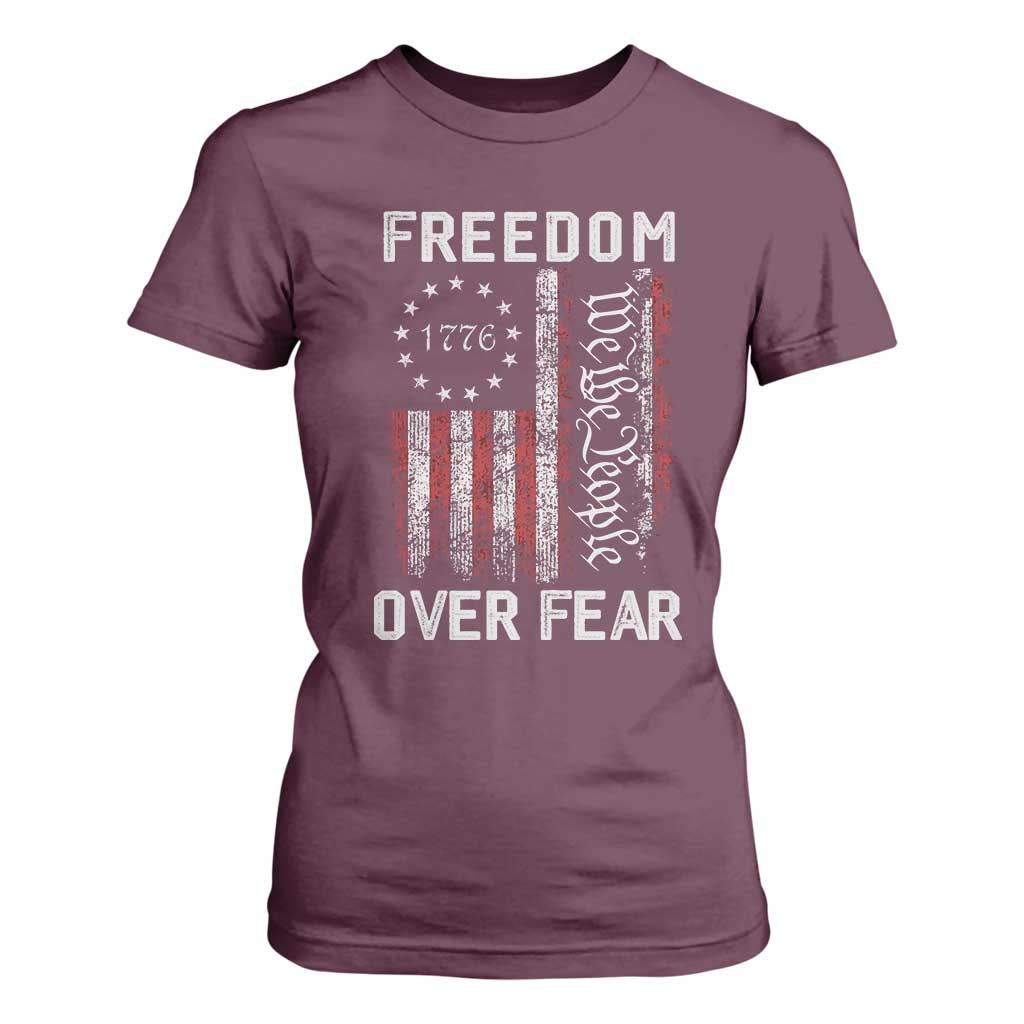 Freedom Over Fear T Shirt For Women Vintage US American Flag TS10 Maroon Print Your Wear