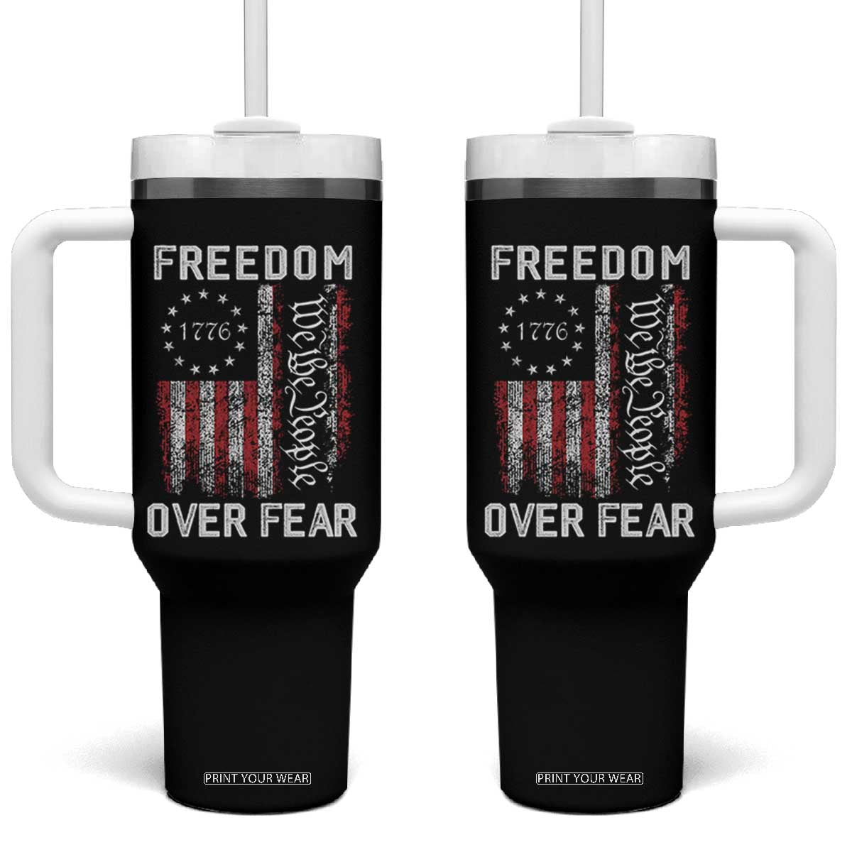 Freedom Over Fear Tumbler With Handle Vintage US American Flag TS10 One Size: 40 oz Black Print Your Wear