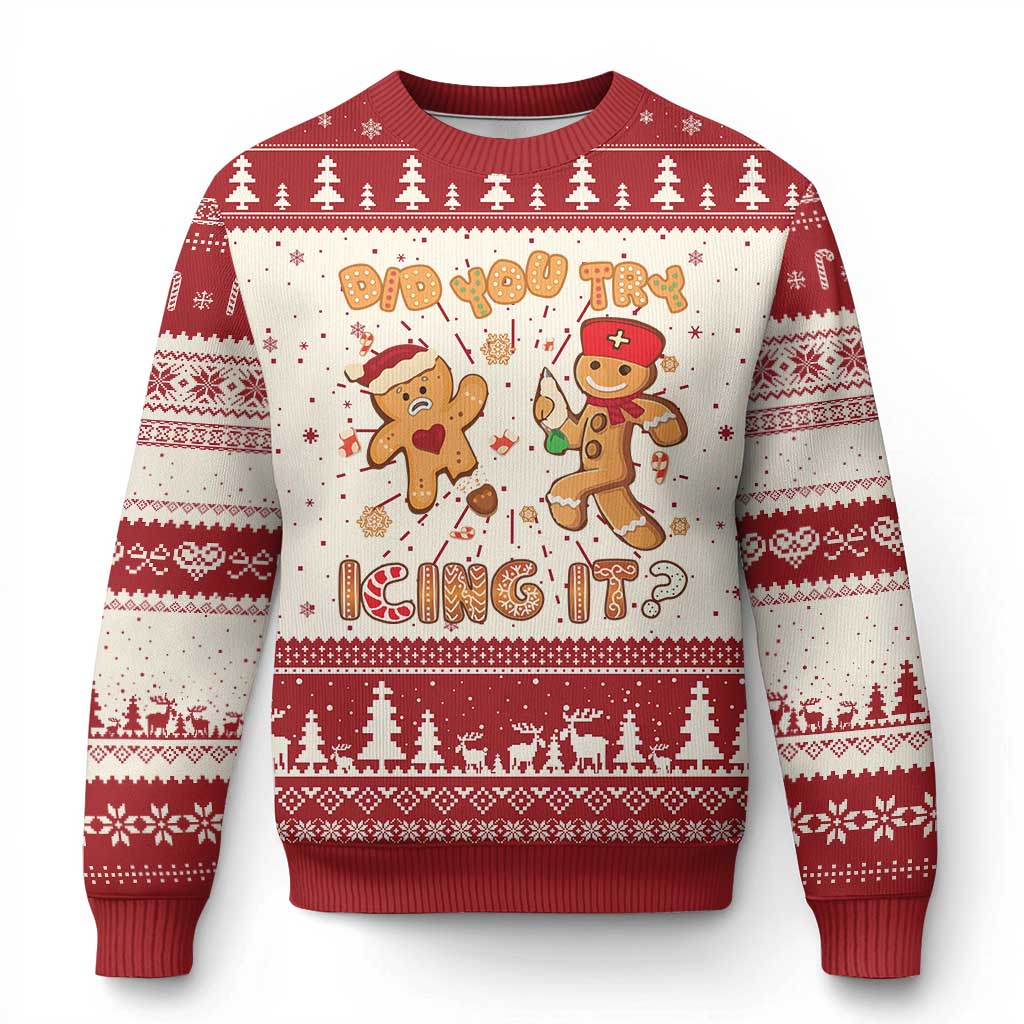 Funny Christmas Nurse Ugly Christmas Sweater Did You Try Icing It Gingerbread Man TS10 Red Print Your Wear