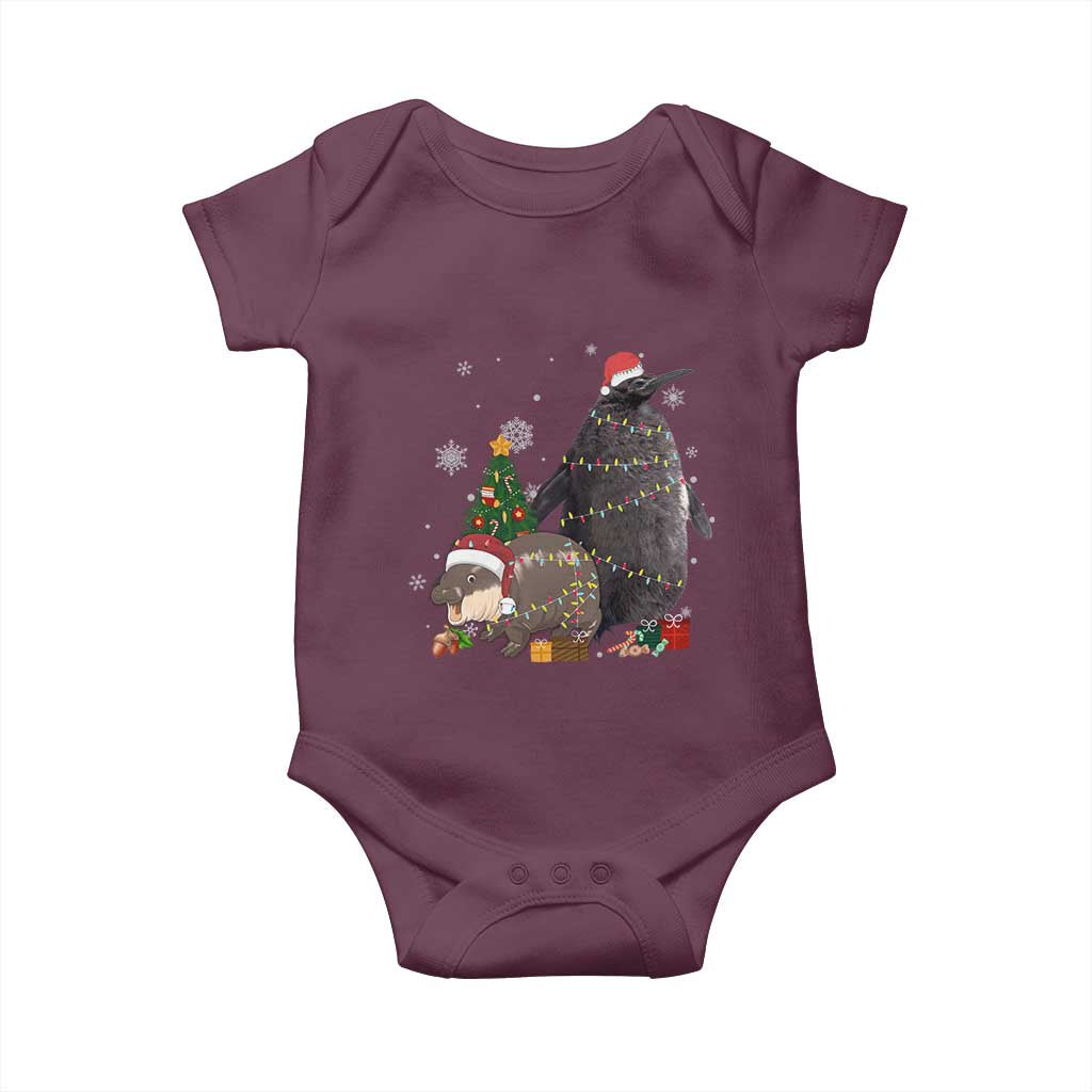 Christmas Pesto and Moo Deng Friendship Baby Onesie King Penguin Baby Hippo Viral Meme TS10 Maroon Print Your Wear
