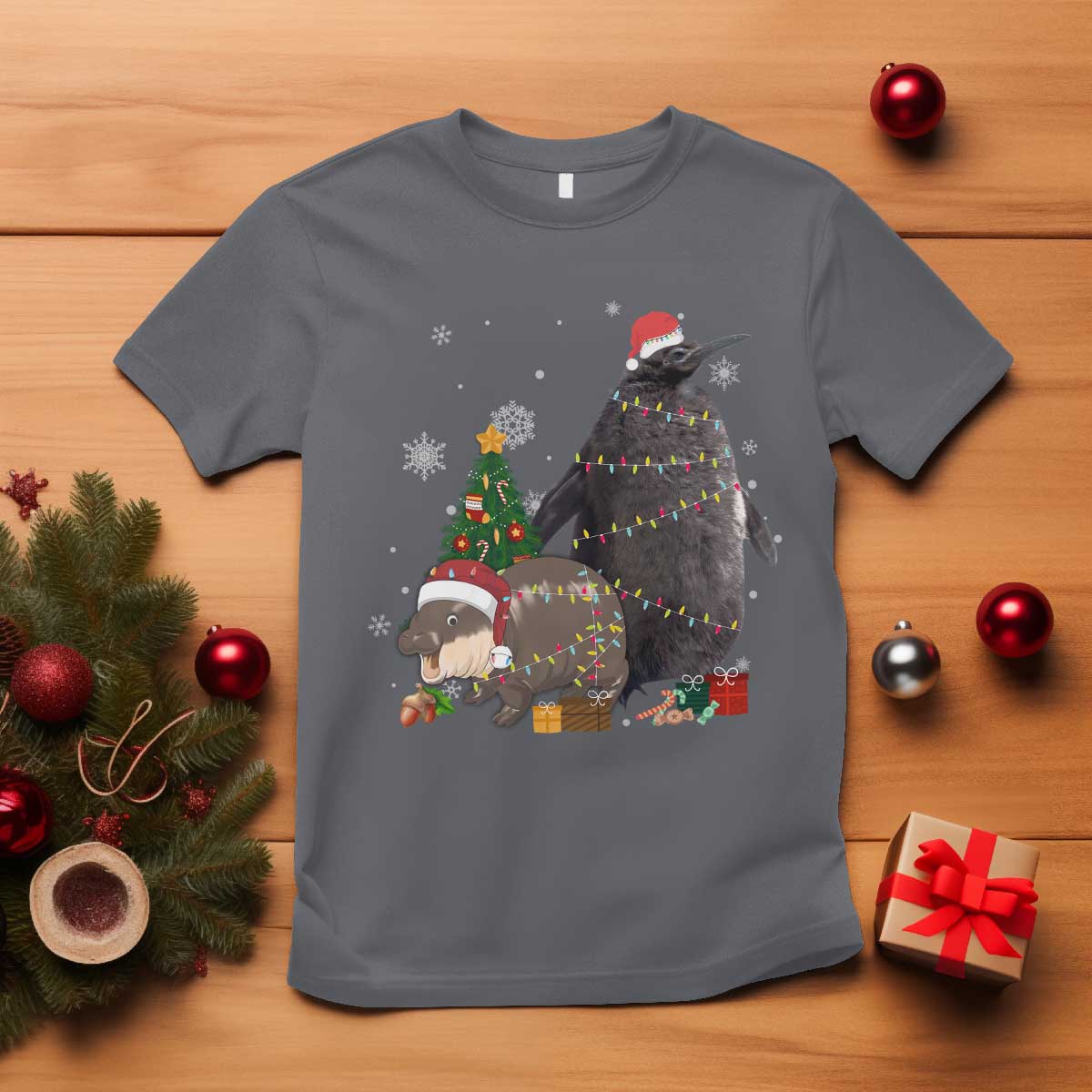 Christmas Pesto and Moo Deng Friendship T Shirt King Penguin Baby Hippo Viral Meme TS10 Charcoal Print Your Wear