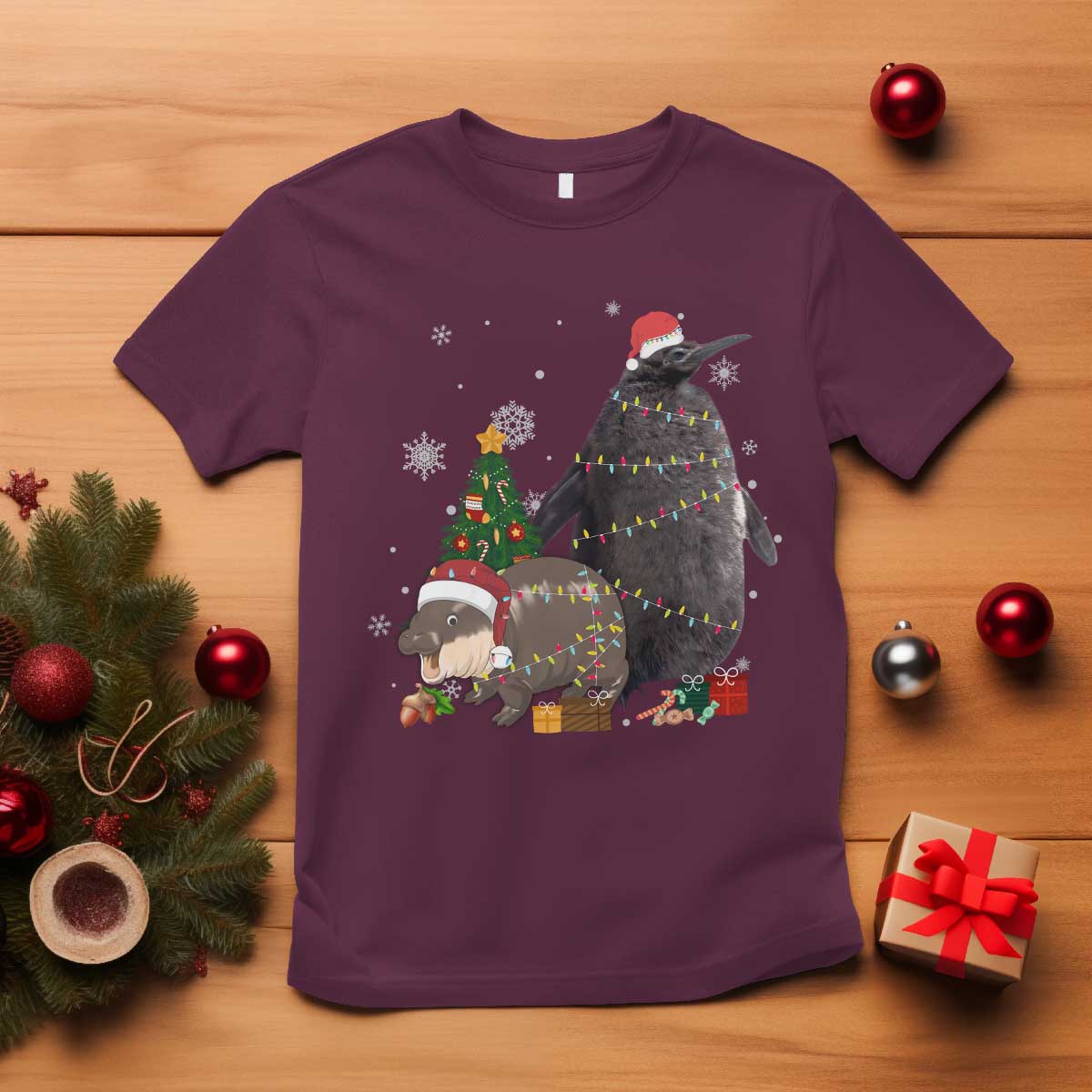 Christmas Pesto and Moo Deng Friendship T Shirt King Penguin Baby Hippo Viral Meme TS10 Maroon Print Your Wear