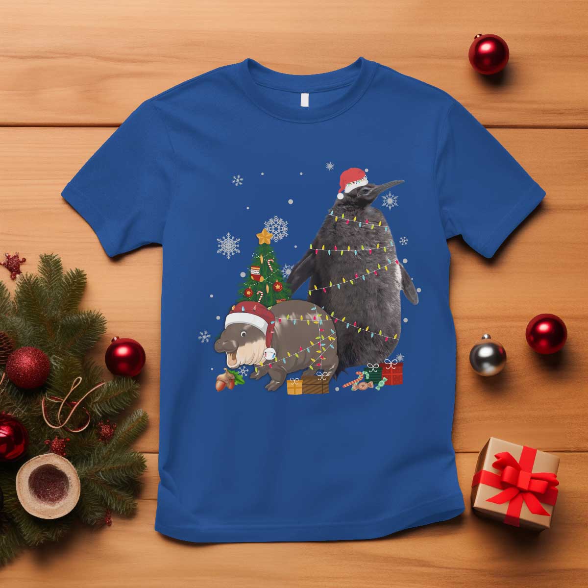 Christmas Pesto and Moo Deng Friendship T Shirt King Penguin Baby Hippo Viral Meme TS10 Royal Blue Print Your Wear