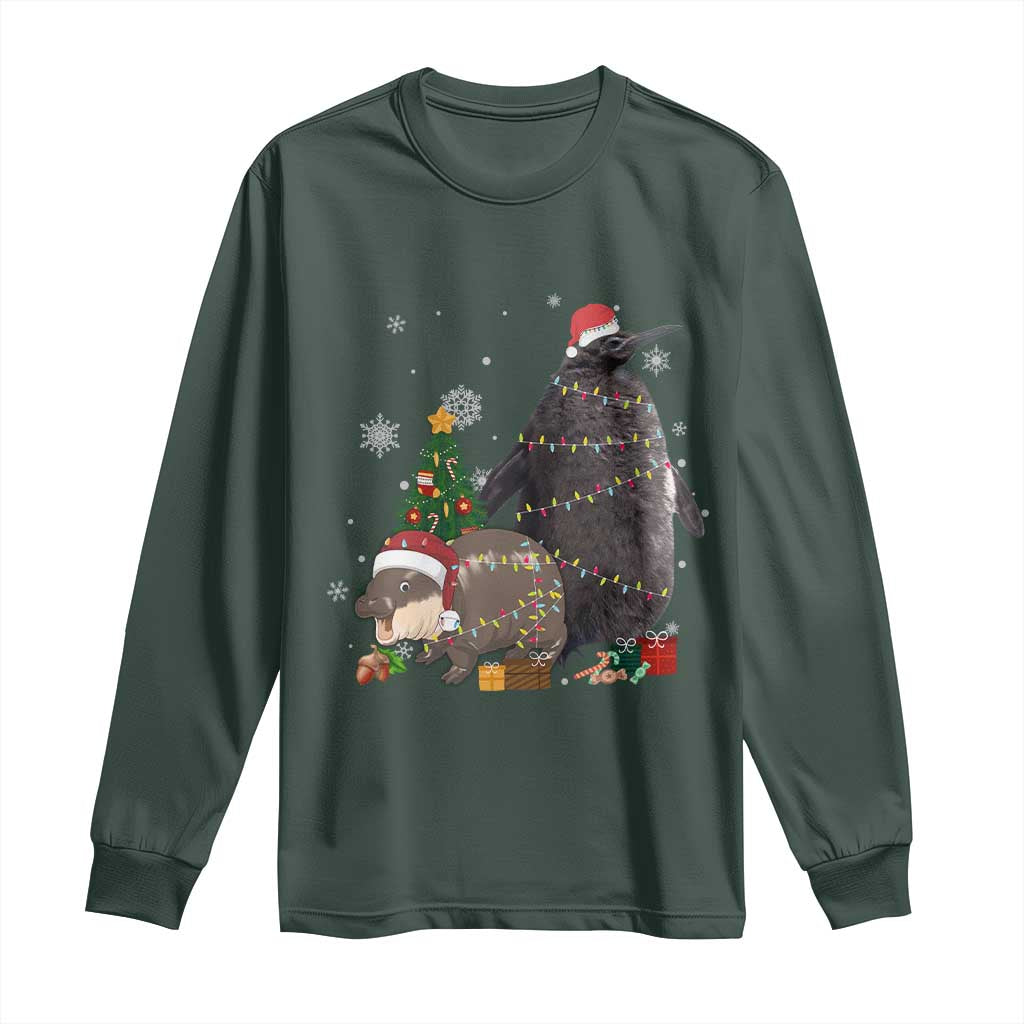 Christmas Pesto and Moo Deng Friendship Long Sleeve Shirt King Penguin Baby Hippo Viral Meme TS10 Dark Forest Green Print Your Wear