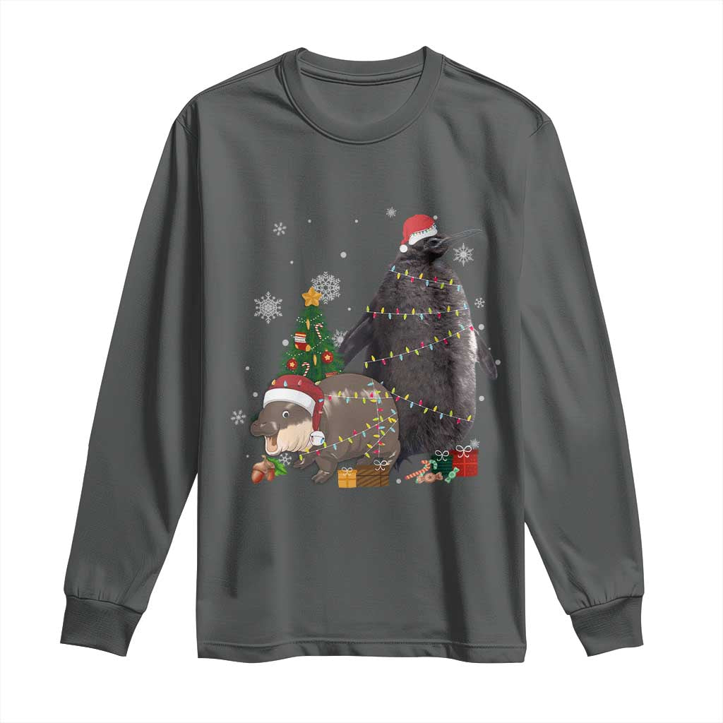 Christmas Pesto and Moo Deng Friendship Long Sleeve Shirt King Penguin Baby Hippo Viral Meme TS10 Dark Heather Print Your Wear