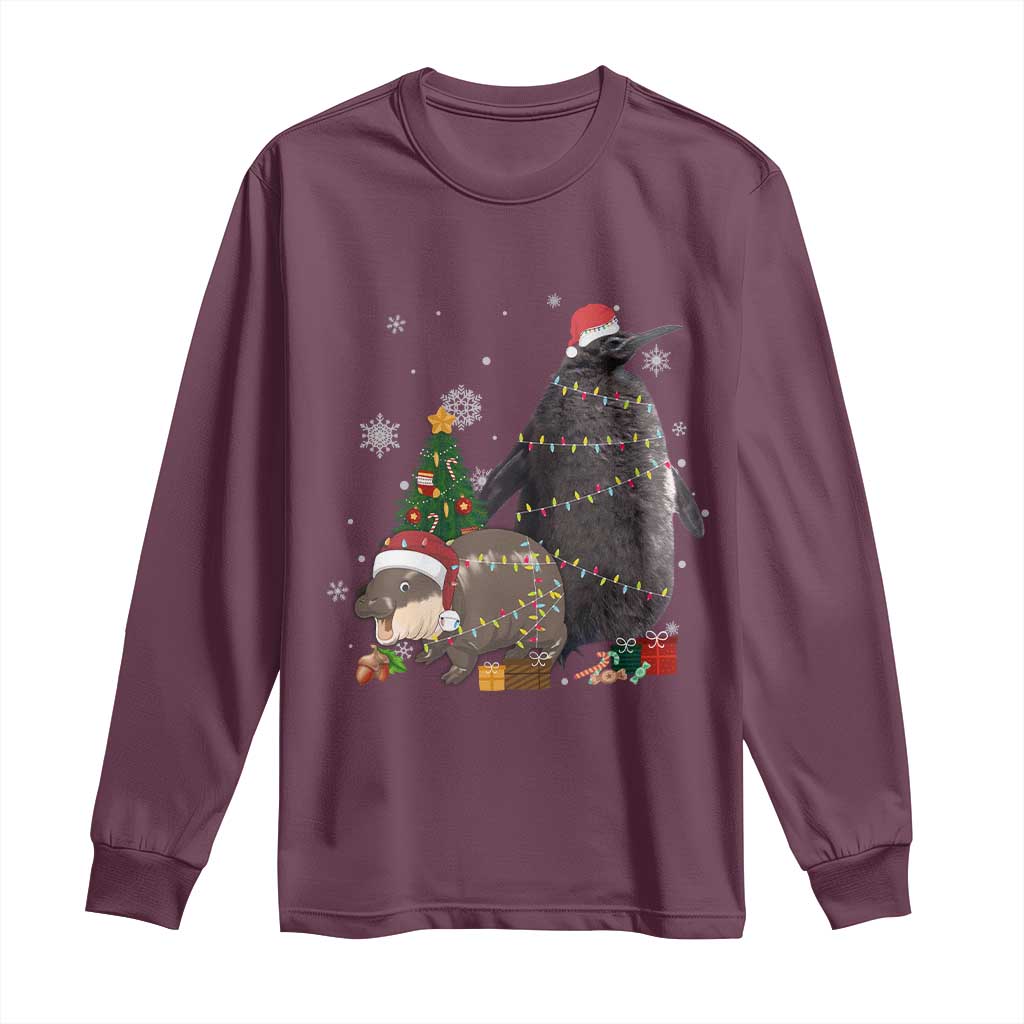 Christmas Pesto and Moo Deng Friendship Long Sleeve Shirt King Penguin Baby Hippo Viral Meme TS10 Maroon Print Your Wear