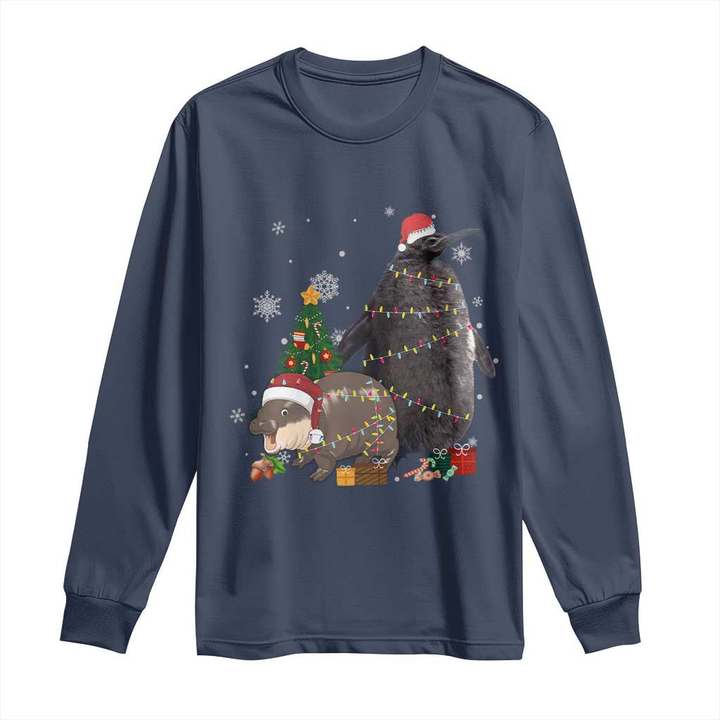 Christmas Pesto and Moo Deng Friendship Long Sleeve Shirt King Penguin Baby Hippo Viral Meme TS10 Navy Print Your Wear