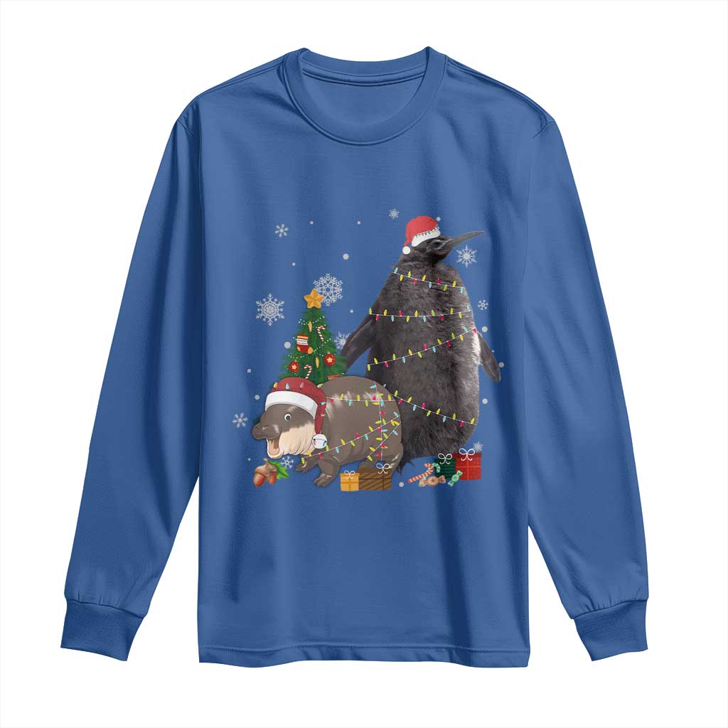 Christmas Pesto and Moo Deng Friendship Long Sleeve Shirt King Penguin Baby Hippo Viral Meme TS10 Royal Blue Print Your Wear