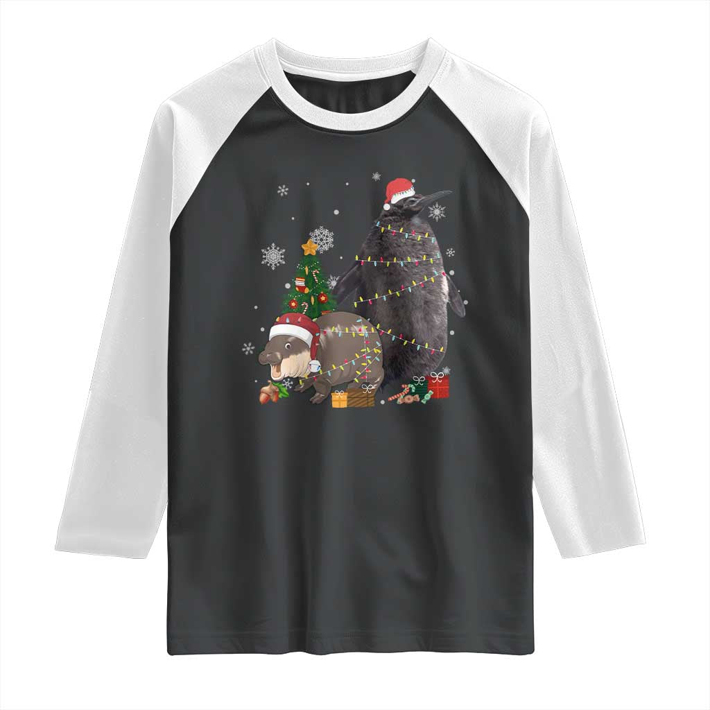 Christmas Pesto and Moo Deng Friendship Raglan Shirt King Penguin Baby Hippo Viral Meme TS10 Black White Print Your Wear