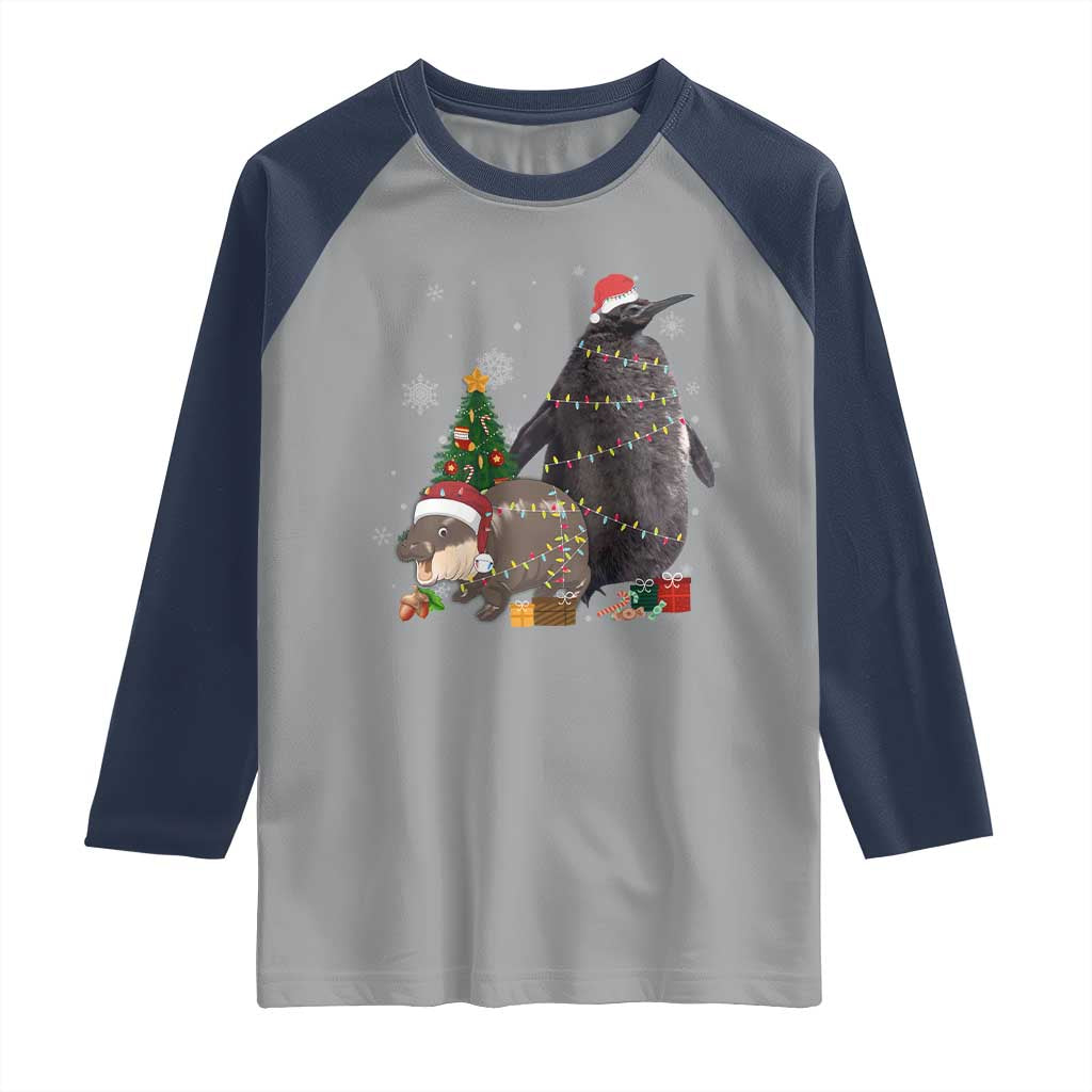 Christmas Pesto and Moo Deng Friendship Raglan Shirt King Penguin Baby Hippo Viral Meme TS10 Sport Gray Navy Print Your Wear