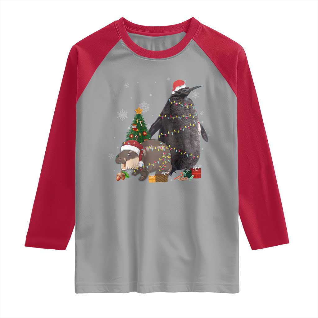 Christmas Pesto and Moo Deng Friendship Raglan Shirt King Penguin Baby Hippo Viral Meme TS10 Sport Gray Red Print Your Wear
