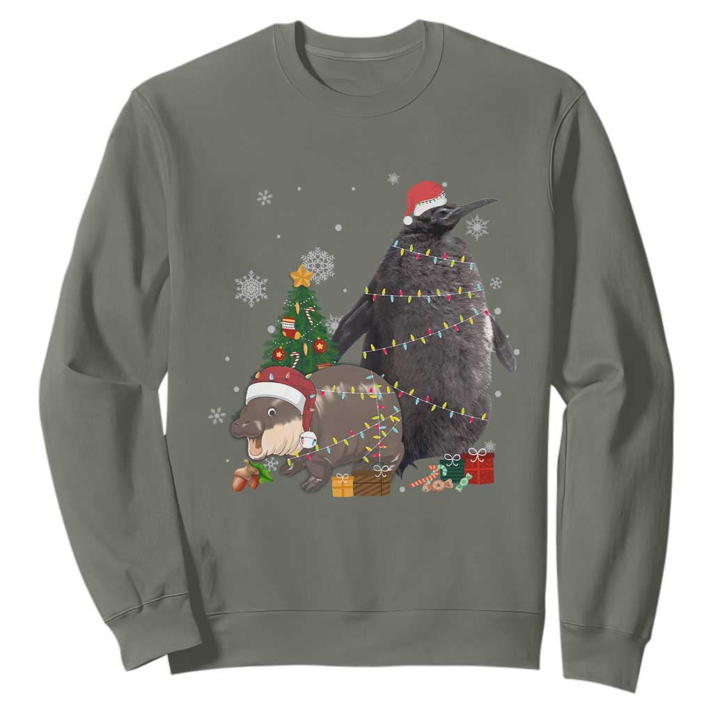 Christmas Pesto and Moo Deng Friendship Sweatshirt King Penguin Baby Hippo Viral Meme TS10 Military Green Print Your Wear