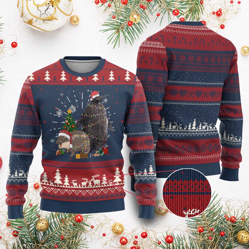 Christmas Pesto and Moo Deng Friendship Ugly Christmas Sweater King Penguin Baby Hippo Viral Meme TS10 Burgundy Print Your Wear