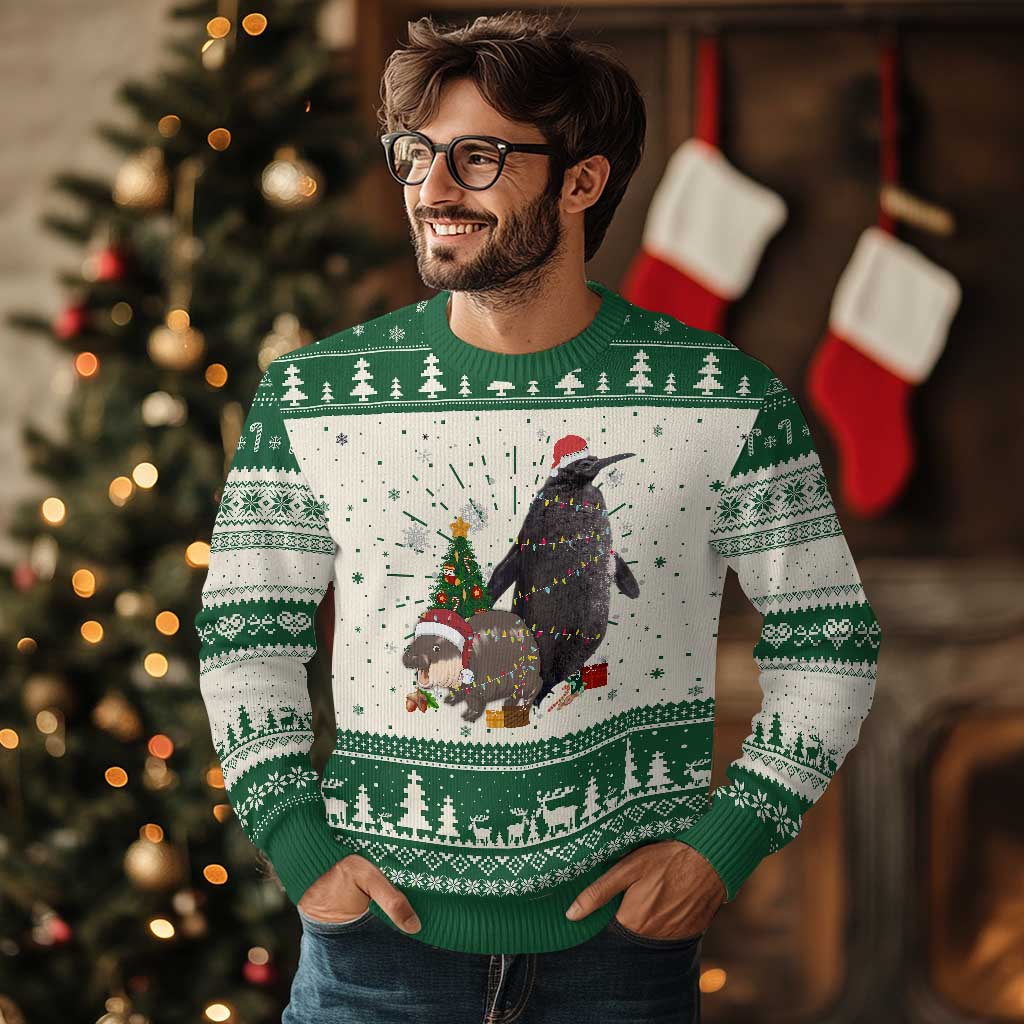 Christmas Pesto and Moo Deng Friendship Ugly Christmas Sweater King Penguin Baby Hippo Viral Meme TS10 Green Print Your Wear