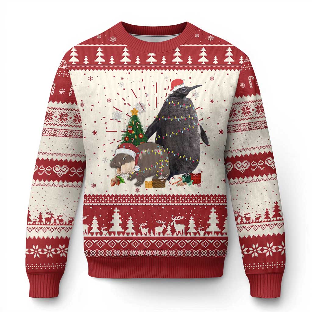 Christmas Pesto and Moo Deng Friendship Ugly Christmas Sweater King Penguin Baby Hippo Viral Meme TS10 Red Print Your Wear
