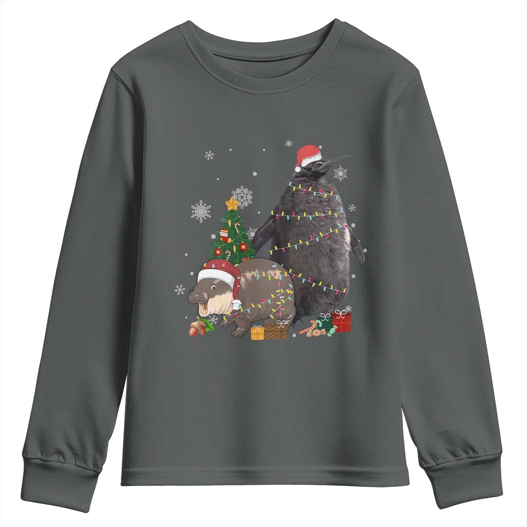 Christmas Pesto and Moo Deng Friendship Youth Sweatshirt King Penguin Baby Hippo Viral Meme TS10 Dark Heather Print Your Wear