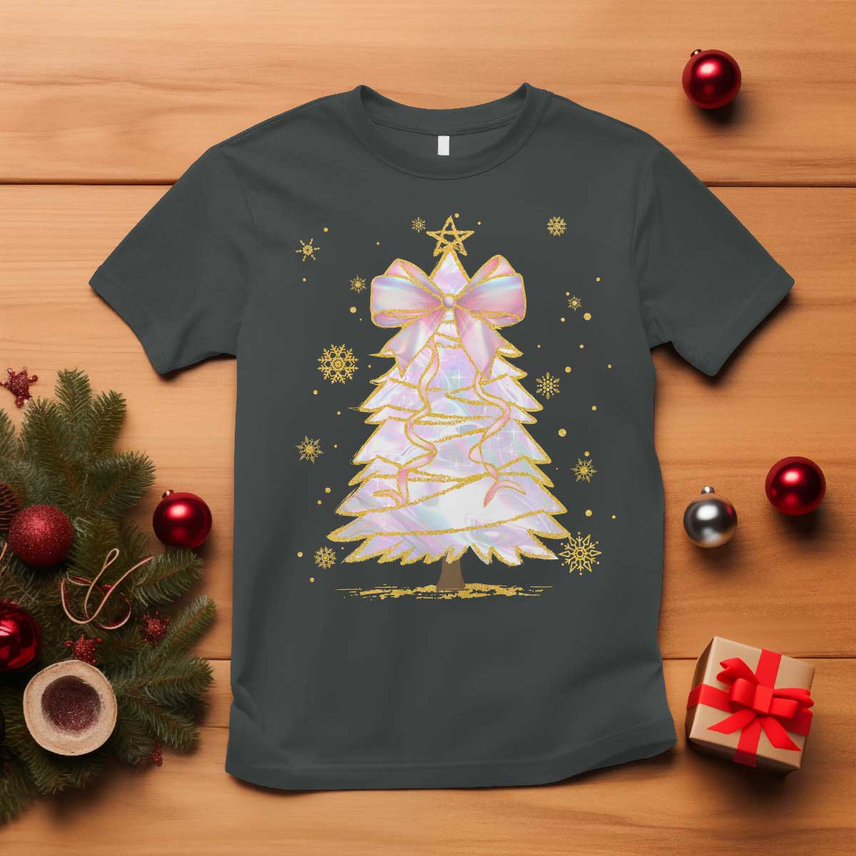 Christmas Tree Bow T Shirt Gift For Her TS10 Dark Heather Print Your Wear