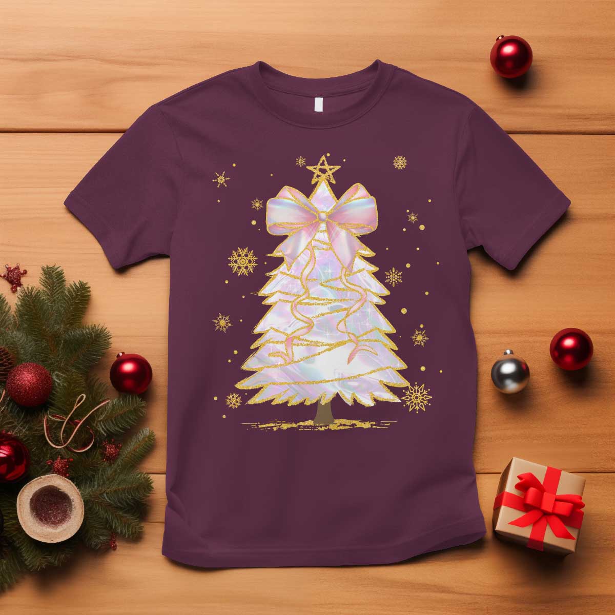 Christmas Tree Bow T Shirt Gift For Her TS10 Maroon Print Your Wear