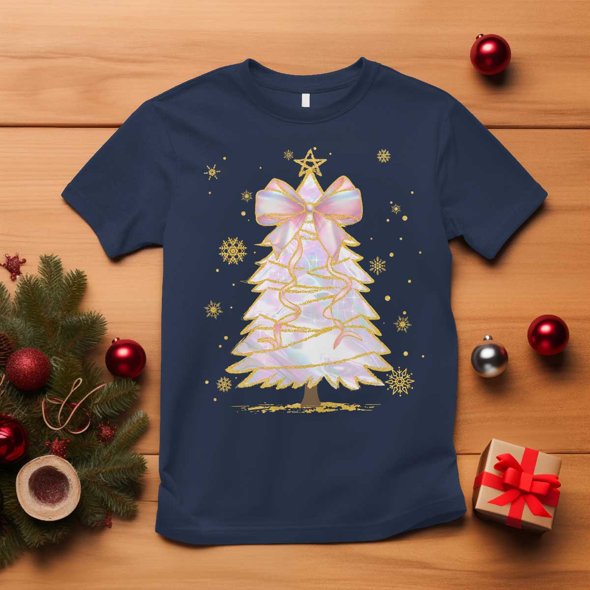 Christmas Tree Bow T Shirt Gift For Her TS10 Navy Print Your Wear