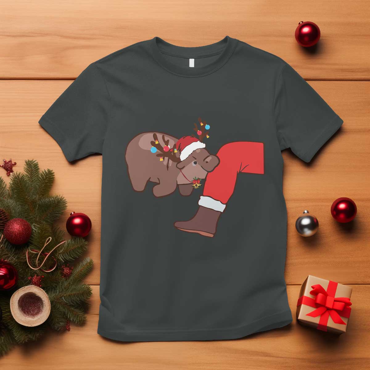 Funny Moo-Deng Christmas T Shirt MooDengMas Xmas Baby Pygmy Hippo Cute Zoo For Family Tee TS10 Dark Heather Print Your Wear