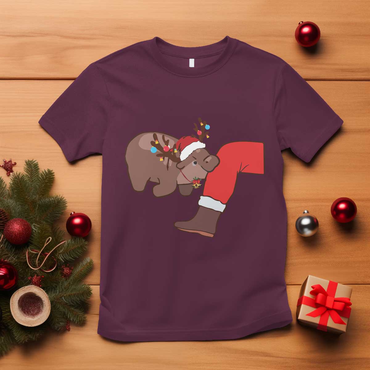 Funny Moo-Deng Christmas T Shirt MooDengMas Xmas Baby Pygmy Hippo Cute Zoo For Family Tee TS10 Maroon Print Your Wear
