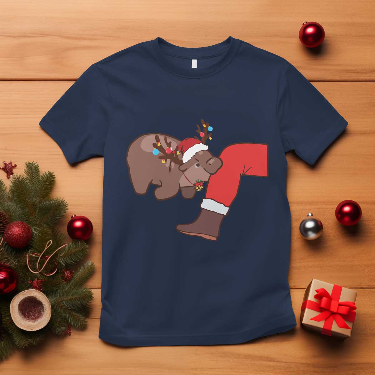 Funny Moo-Deng Christmas T Shirt MooDengMas Xmas Baby Pygmy Hippo Cute Zoo For Family Tee TS10 Navy Print Your Wear