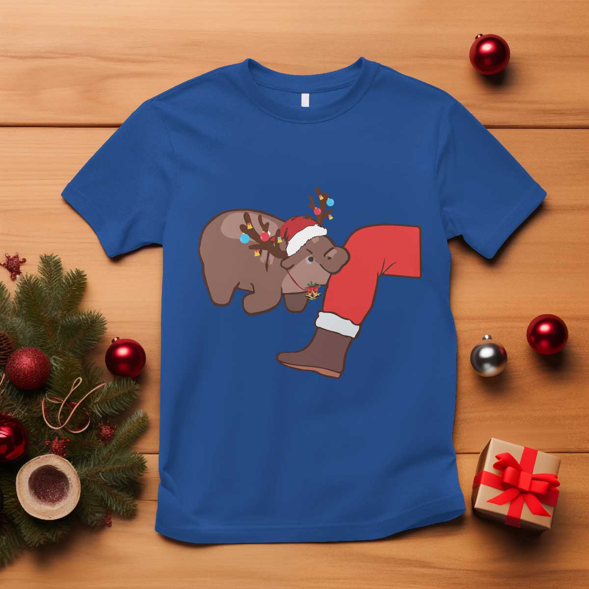 Funny Moo-Deng Christmas T Shirt MooDengMas Xmas Baby Pygmy Hippo Cute Zoo For Family Tee TS10 Royal Blue Print Your Wear