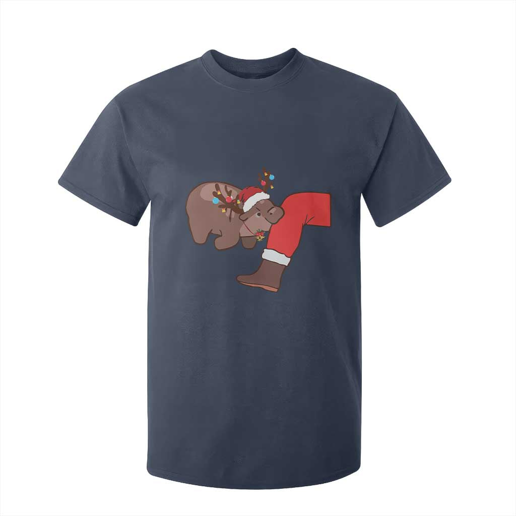 Funny Moo-Deng Christmas T Shirt For Kid MooDengMas Xmas Baby Pygmy Hippo Cute Zoo For Family Tee TS10 Navy Print Your Wear