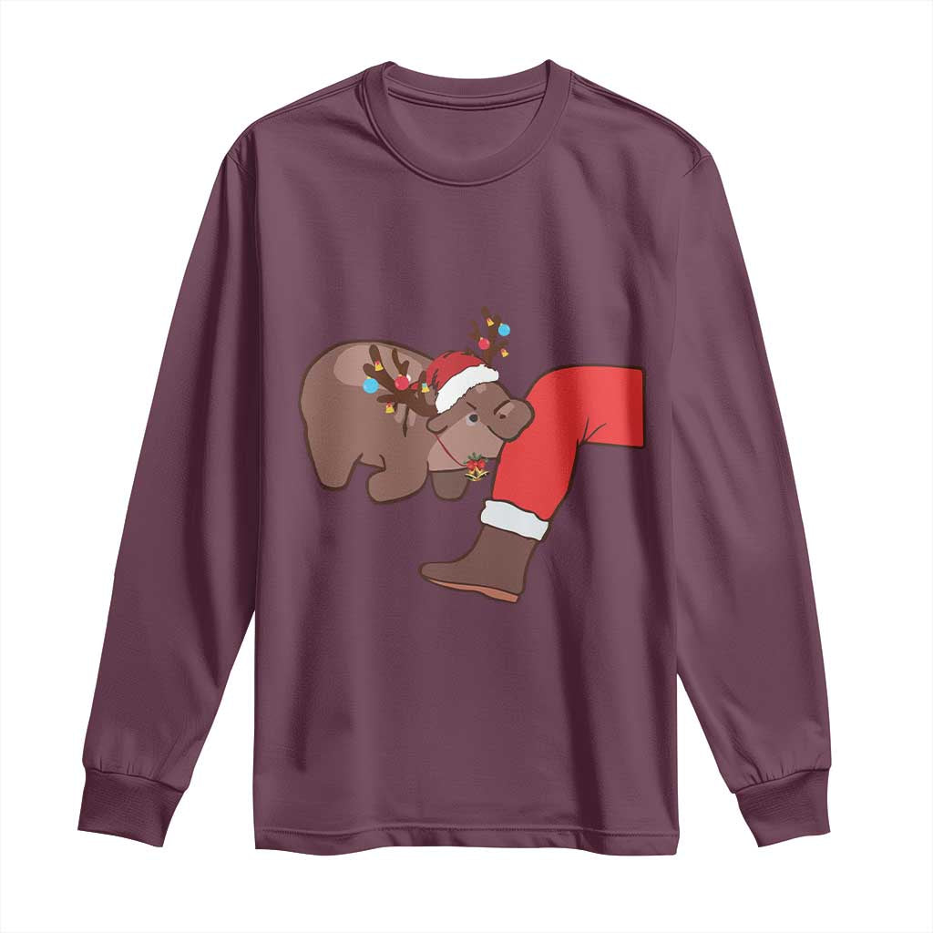 Funny Moo-Deng Christmas Long Sleeve Shirt MooDengMas Xmas Baby Pygmy Hippo Cute Zoo For Family Tee TS10 Maroon Print Your Wear