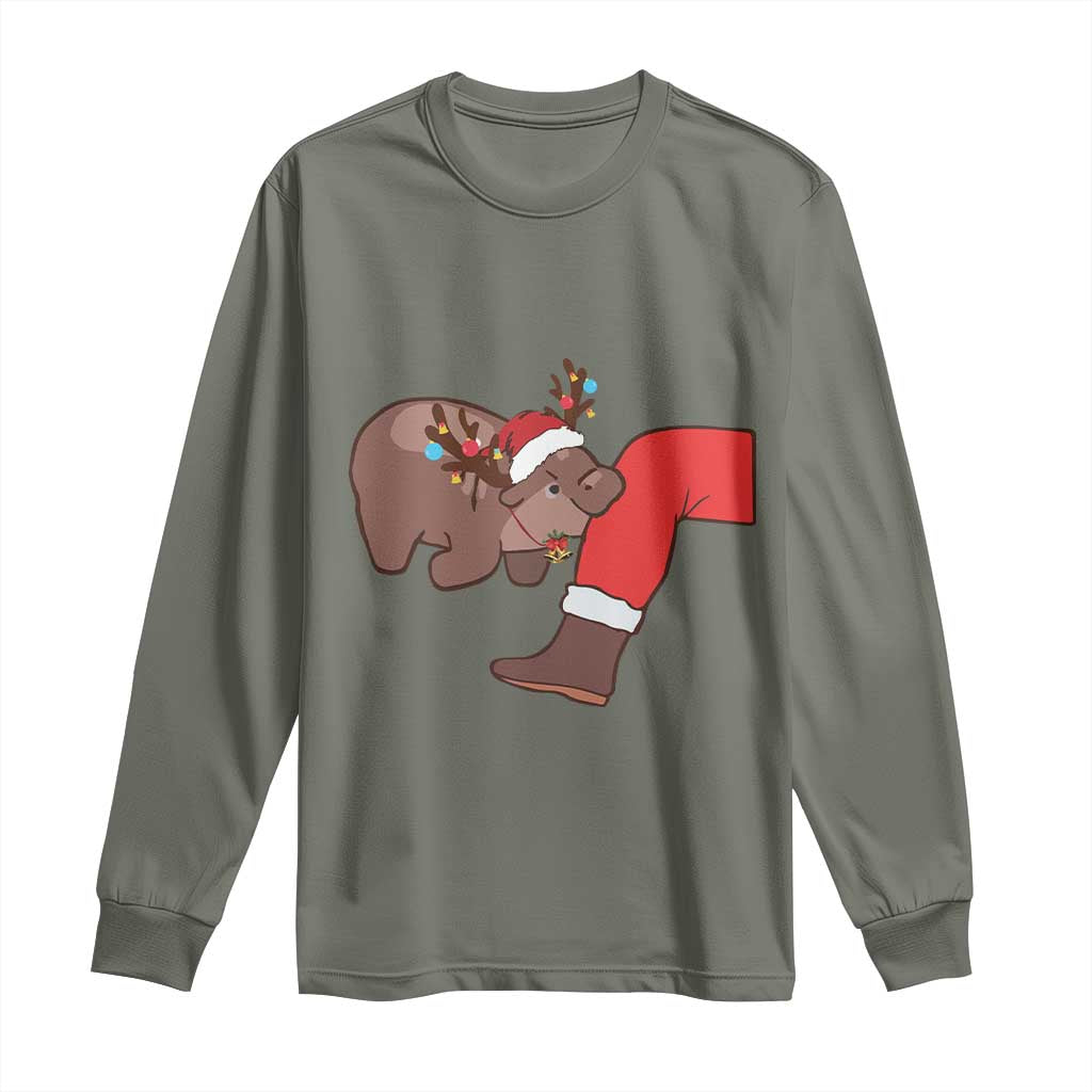 Funny Moo-Deng Christmas Long Sleeve Shirt MooDengMas Xmas Baby Pygmy Hippo Cute Zoo For Family Tee TS10 Military Green Print Your Wear