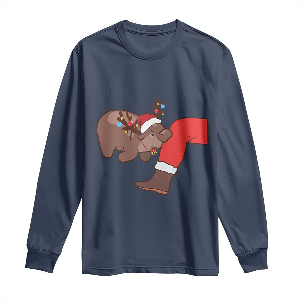 Funny Moo-Deng Christmas Long Sleeve Shirt MooDengMas Xmas Baby Pygmy Hippo Cute Zoo For Family Tee TS10 Navy Print Your Wear