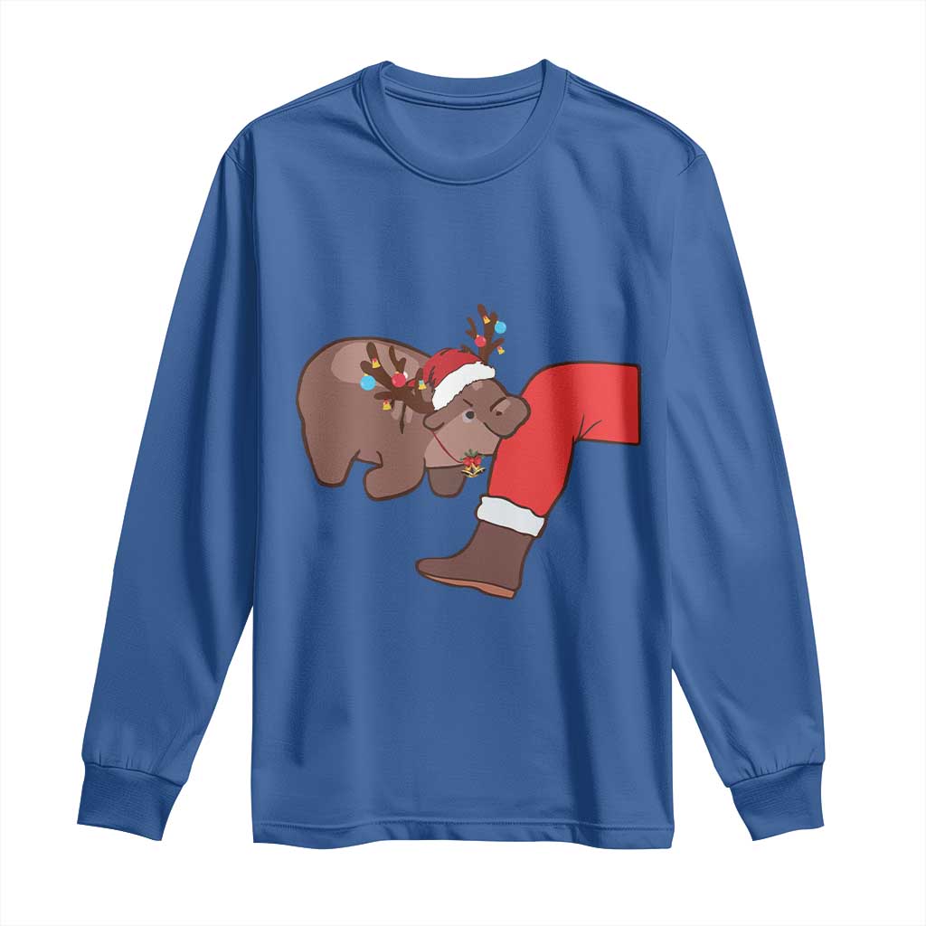 Funny Moo-Deng Christmas Long Sleeve Shirt MooDengMas Xmas Baby Pygmy Hippo Cute Zoo For Family Tee TS10 Royal Blue Print Your Wear