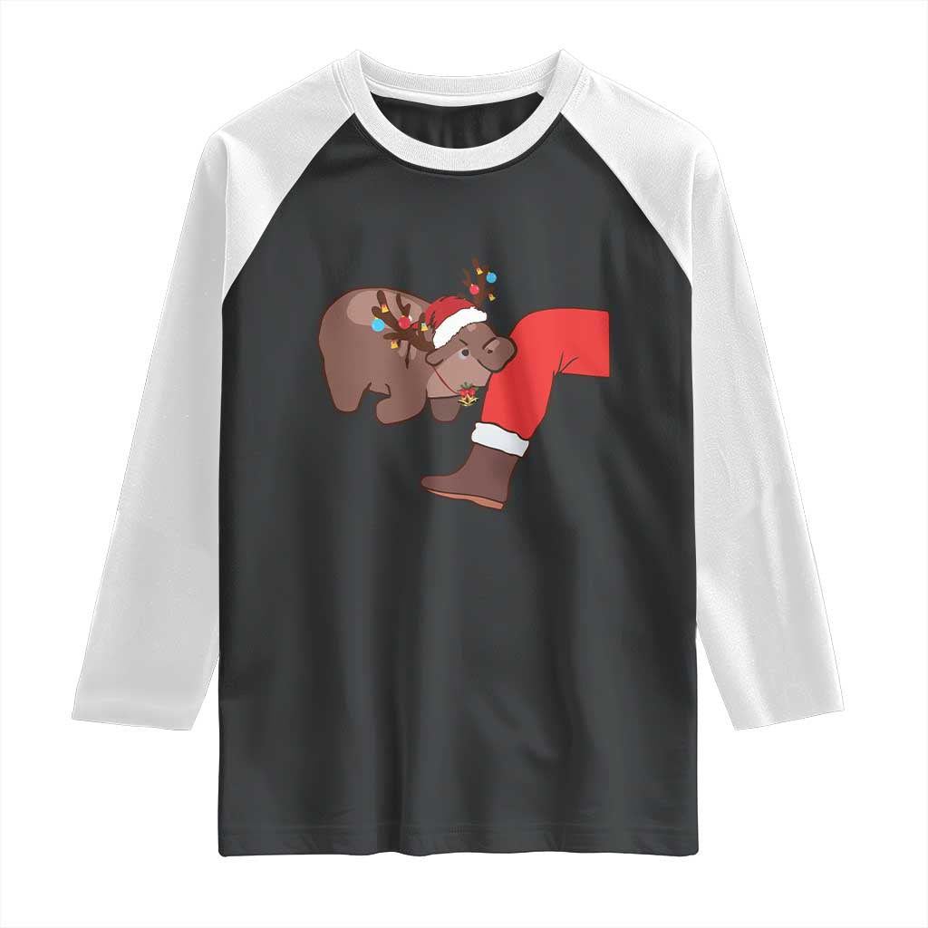 Funny Moo-Deng Christmas Raglan Shirt MooDengMas Xmas Baby Pygmy Hippo Cute Zoo For Family Tee TS10 Black White Print Your Wear