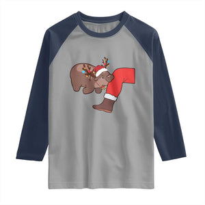Funny Moo-Deng Christmas Raglan Shirt MooDengMas Xmas Baby Pygmy Hippo Cute Zoo For Family Tee TS10 Sport Gray Navy Print Your Wear