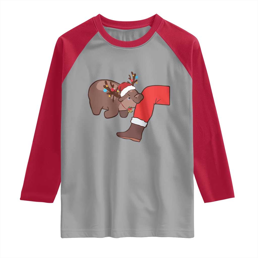 Funny Moo-Deng Christmas Raglan Shirt MooDengMas Xmas Baby Pygmy Hippo Cute Zoo For Family Tee TS10 Sport Gray Red Print Your Wear